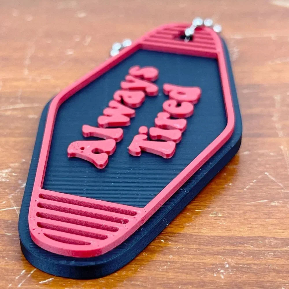 Retro Motel Keychain, Always Tired, Ballchain Keychain, Red and Black